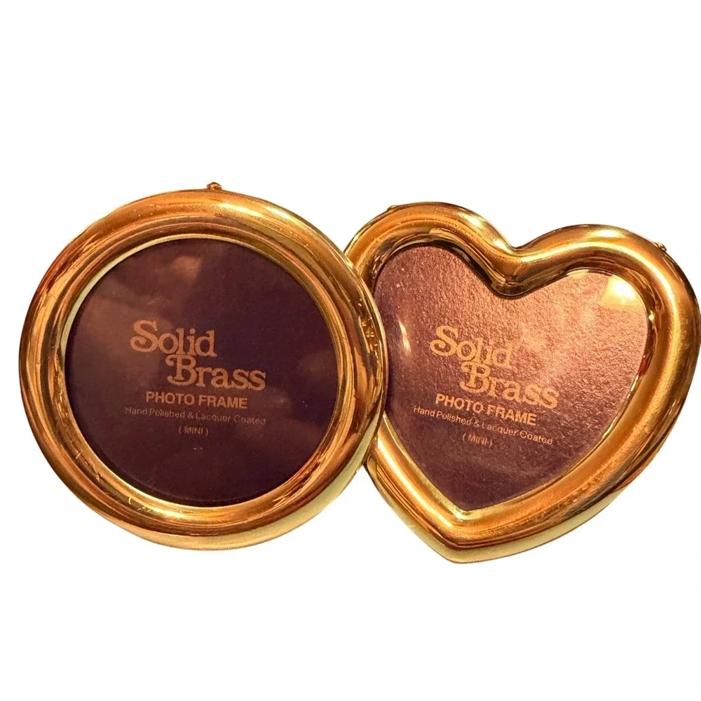 Solid Brass Mini Photo Frames Round Heart-Shaped Polished Lacquer Coated Regency